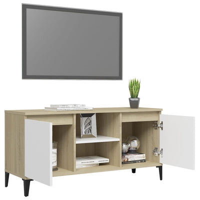 TV-taso metallijaloilla valkoinen/Sonoma-tammi 103,5x35x50 cm