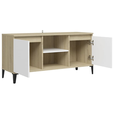 TV-taso metallijaloilla valkoinen/Sonoma-tammi 103,5x35x50 cm