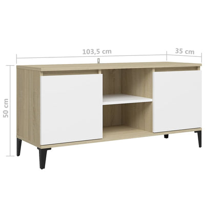 TV-taso metallijaloilla valkoinen/Sonoma-tammi 103,5x35x50 cm