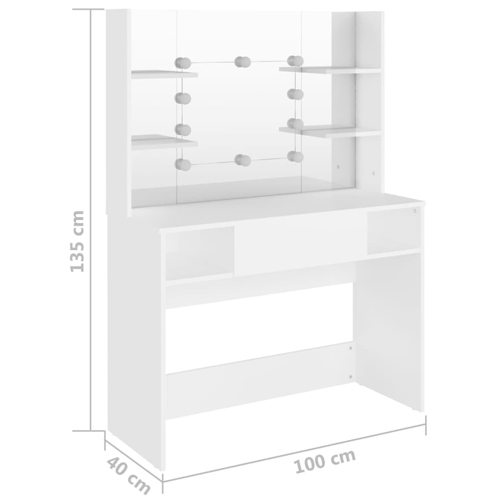 Valkoinen meikkipöytä led-valoilla Steve 100x40x135cm (mdf)