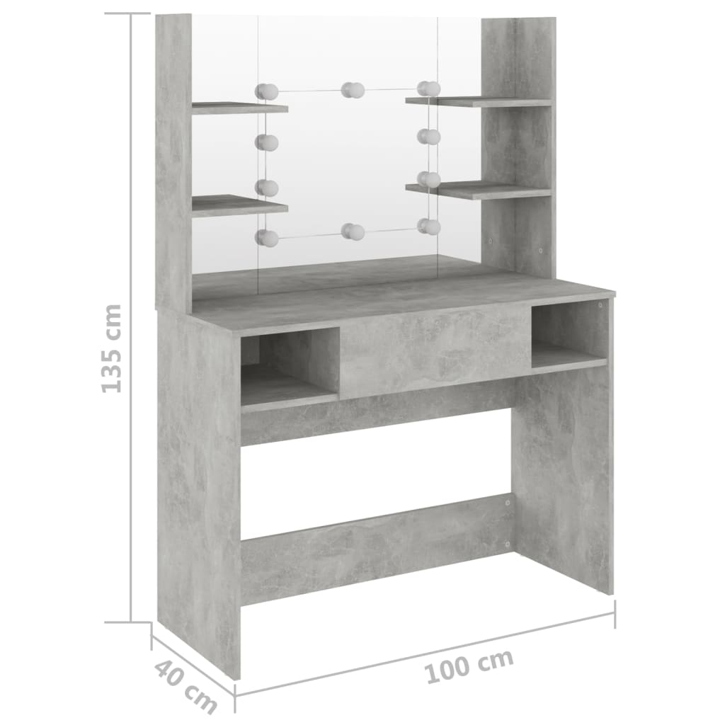Betoninharmaa meikkipöytä led-valoilla Steve 100x40x135cm (mdf)