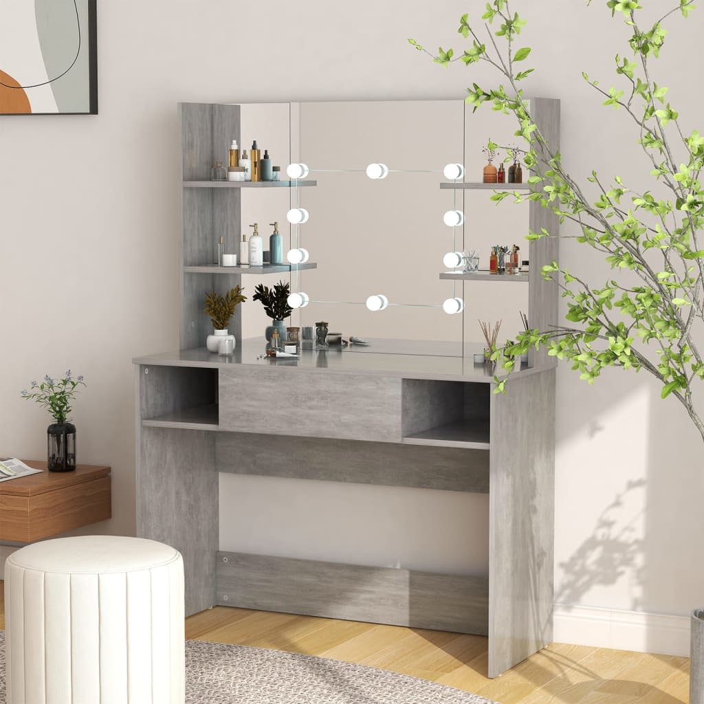 Betoninharmaa meikkipöytä led-valoilla Steve 100x40x135cm (mdf)