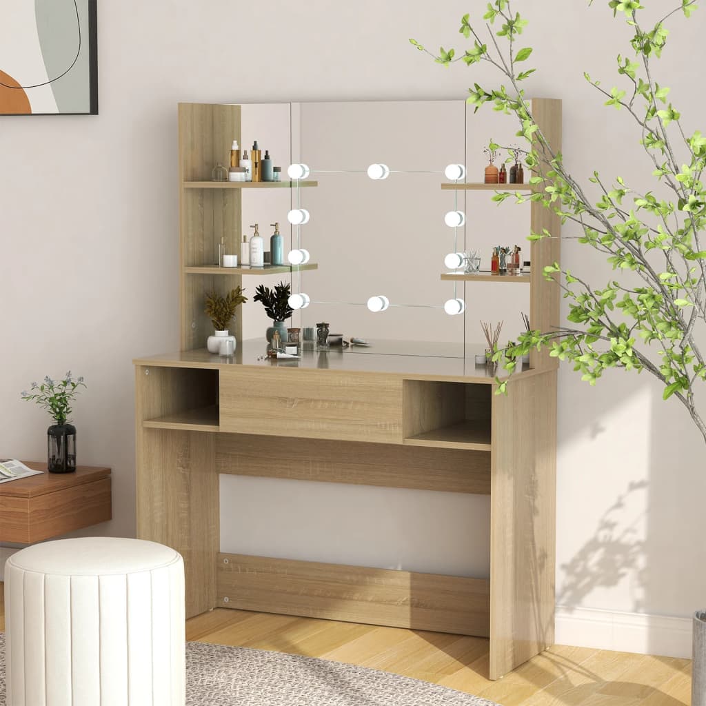 Tamm meikkipöytä led-valoilla Steve 100x40x135cm (mdf)