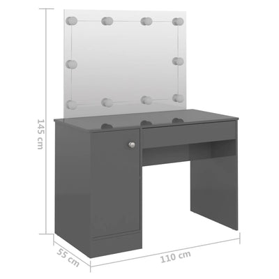 Meikkipöytä LED-valoilla 110x55x145 cm MDF kiiltävä harmaa