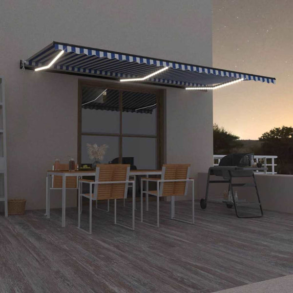 Sisäänkelattava markiisi LED/tuulisensori 600x350 cm sinivalk.