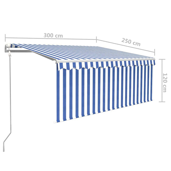 Automaattisesti kelattava markiisi verhoilla 3x2,5 m sinivalk.