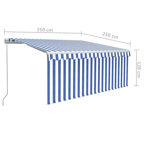 Käsin sisäänkelattava markiisi verhoilla 3,5x2,5 m sinivalk.