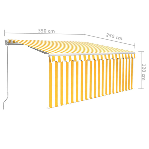 Käsin sisäänkelattava markiisi verhoilla 3,5x2,5 m keltavalk.