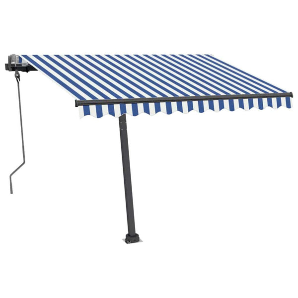 Vapaasti seisova sisäänkelattava markiisi 300x250 cm sinivalk.