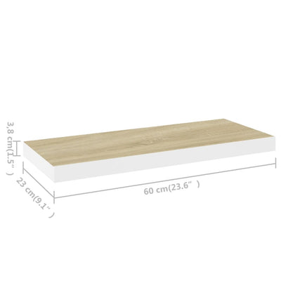 Kelluvat seinähyllyt 2 kpl tammi ja valkoinen 60x23,5x3,8cm MDF