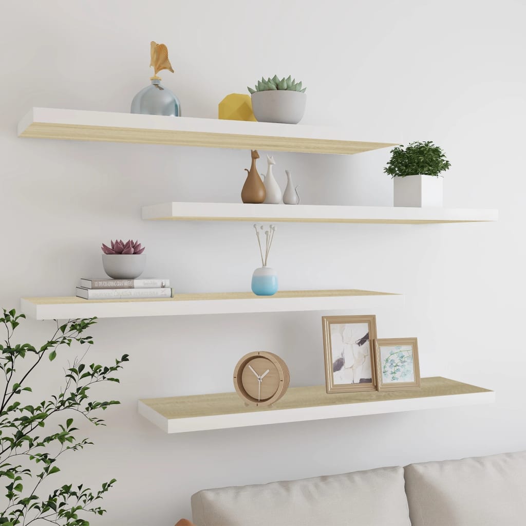 Tammi ja valkoinen kelluvat seinähyllyt Chan 120x23,5x3,8cm (4kpl mdf)