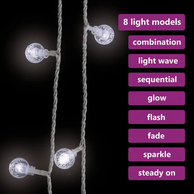 Kylmä valk. pallo keijuvalonauha Finias 20 m (200 led-valoa 8-toiminen)