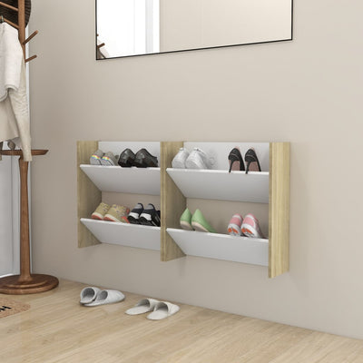 Seinäkenkäkaapit 2 kpl valk./Sonoma-tammi 60x18x60 cm lastulevy