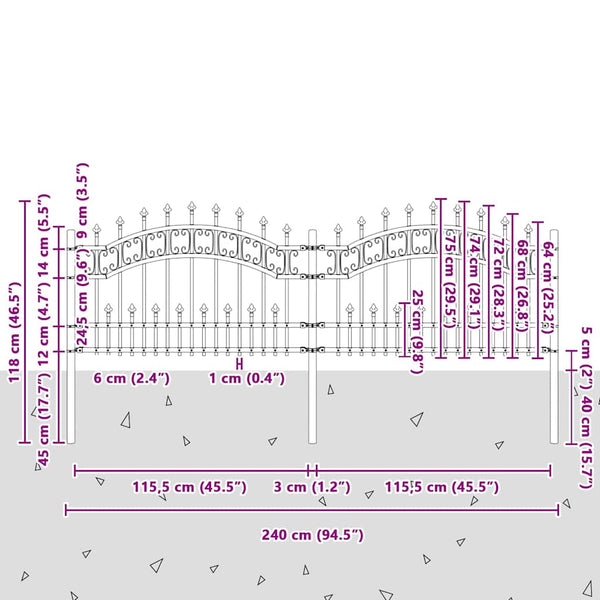 Puutarha-aita KAMPEN keihäskärkinen musta 240x75 cm teräs