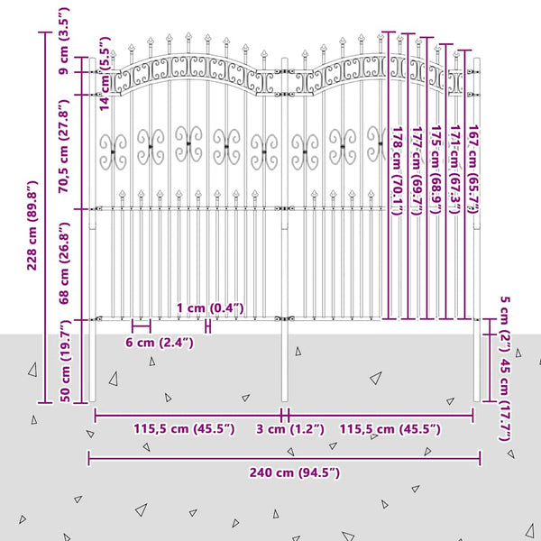 Puutarha-aita KAMPEN keihäskärkinen musta 240x175 cm teräs