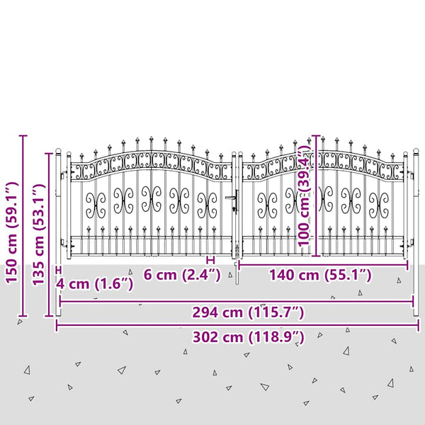 Aitaportti KAMPEN keihäskärkinen musta 302x100 cm teräs