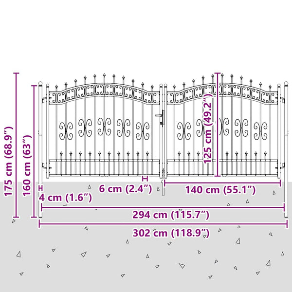 Aitaportti KAMPEN keihäskärkinen musta 302x125 cm teräs