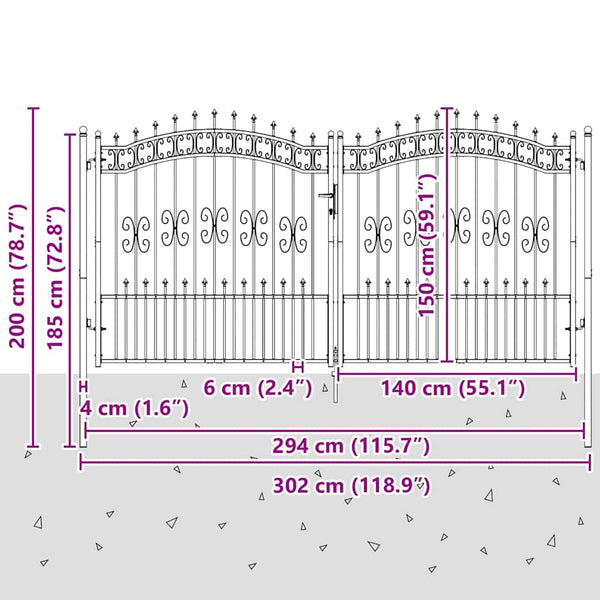 Aitaportti KAMPEN keihäskärkinen musta 302x150 cm teräs