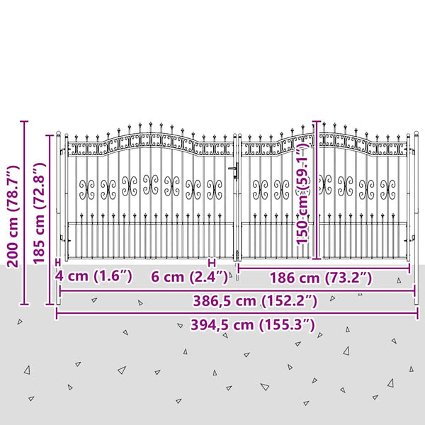 Aitaportti KAMPEN keihäskärkinen musta 394,5x150 cm teräs
