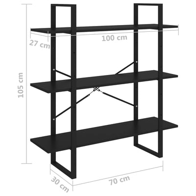 3-tasoinen kirjahylly musta 100x30x105 cm täysi mänty