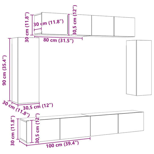 6-osainen kaappisarja TV:lle teknisestä puusta, valkoinen