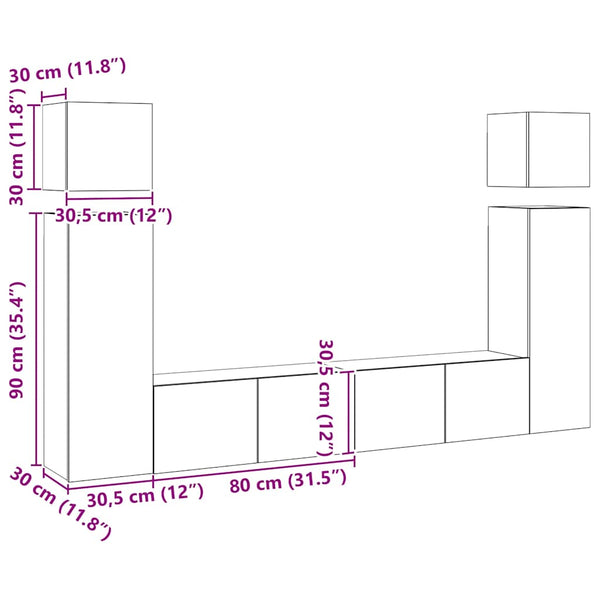 Valkoinen teknisestä puusta valmistettu 8-osainen TV-kaappisarja