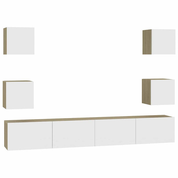 6-osainen TV-kaappisarja valkoinen ja Sonoma-tammi lastulevy