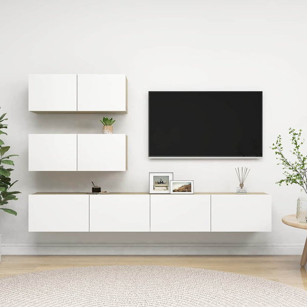 4-osainen TV-kaappisarja valkoinen ja Sonoma-tammi lastulevy