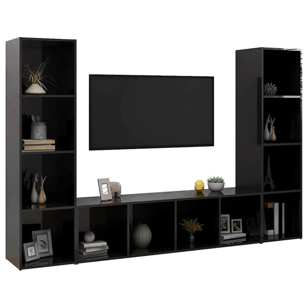 TV-tasot 3 kpl korkeakiilto musta 142,5x35x36,5 cm lastulevy
