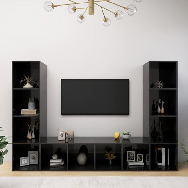 TV-tasot 3 kpl korkeakiilto musta 142,5x35x36,5 cm lastulevy
