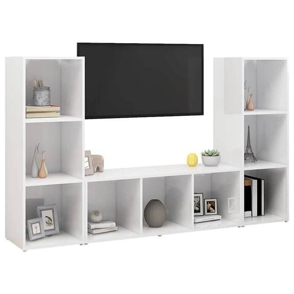 TV-tasot 3 kpl korkeakiilto valkoinen 107x35x37 cm lastulevy