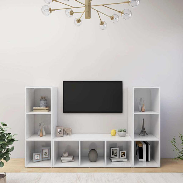 TV-tasot 3 kpl korkeakiilto valkoinen 107x35x37 cm lastulevy