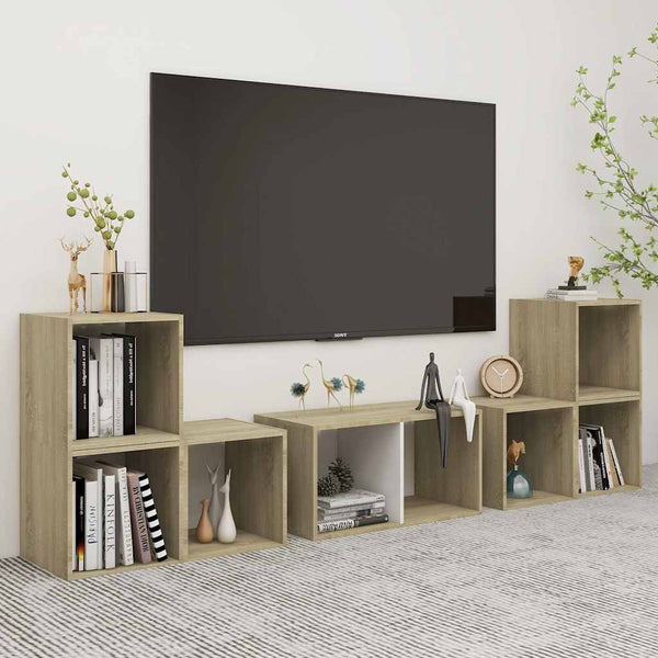 6-osainen TV-kaappisarja valkoinen ja Sonoma-tammi tekninen puu
