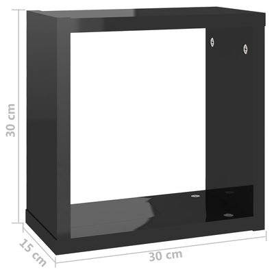 Kuutioseinähyllyt 2 kpl korkeakiilto musta 30x15x30 cm