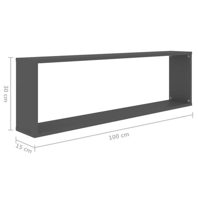 Kuutioseinähyllyt 2 kpl harmaa 100x15x30 cm lastulevy