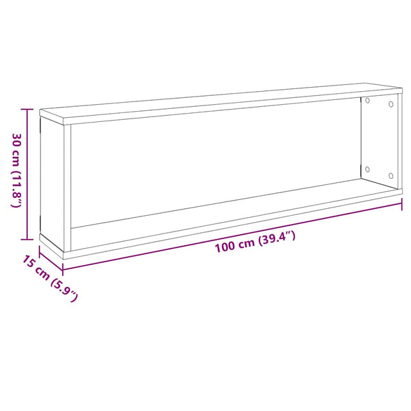Kuutioseinähyllyt 2 kpl harmaa 100x15x30 cm lastulevy