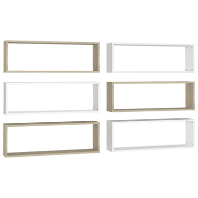 Kuutioseinähyllyt 6 kpl valk. ja tammi 80x15x26,5 cm lastulevy