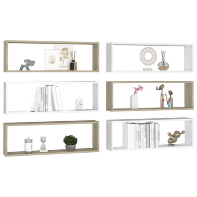 Kuutioseinähyllyt 6 kpl valk. ja tammi 80x15x26,5 cm lastulevy