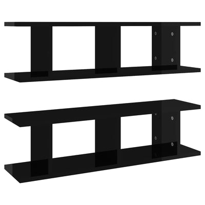 Seinähyllyt 2 kpl korkeakiilto musta 75x18x20 cm tekninen puu
