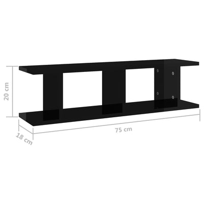 Seinähyllyt 2 kpl korkeakiilto musta 75x18x20 cm tekninen puu