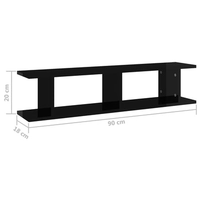 Seinähyllyt 2 kpl korkeakiilto musta 90x18x20 cm tekninen puu