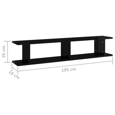 Seinähyllyt 2 kpl korkeakiilto musta 105x18x20 cm tekninen puu