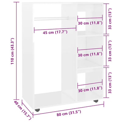 Vaatekaappi korkeakiilto valkoinen 80x40x110 cm tekninen puu