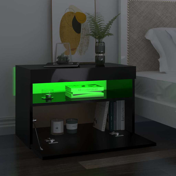 Yöpöytä LED-valoilla 2 kpl korkeakiilto musta 60x35x40 cm