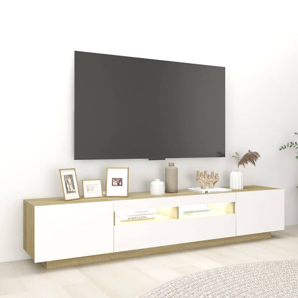 TV-taso LED-valoilla valkoinen ja Sonoma-tammi 200x35x40 cm