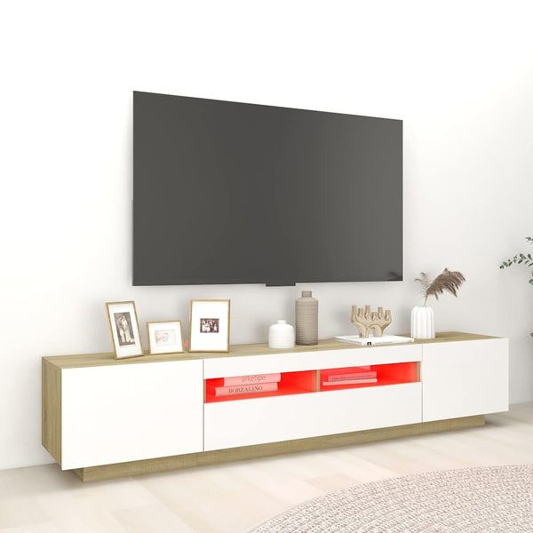 TV-taso LED-valoilla valkoinen ja Sonoma-tammi 200x35x40 cm