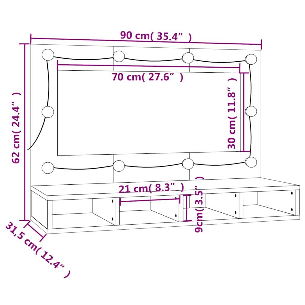 Betoninharmaa peilikaappi led-valoilla Mariusiana 90x31,5x62cm