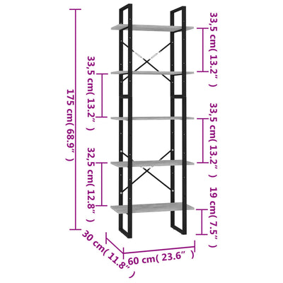 5-tasoinen kirjahylly betoninharmaa 60x30x175 cm tekninen puu