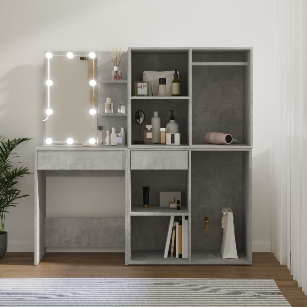 Betoninharmaa led-peilipöytä kahdella kaapilla Giomaldt (puinen)