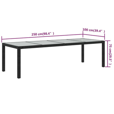 Puutarhapöytä 250x100x75cm karkaistu lasi ja polyrottinki musta